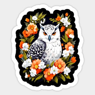 Cute Snowy Owl Surrounded by Bold Vibrant Spring Flowers Sticker